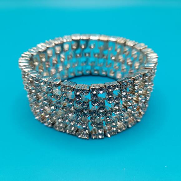 Vintage Monet Stretch Bracelet, Clear Rhinestones, Wide Bracelet - Picture 4 of 9